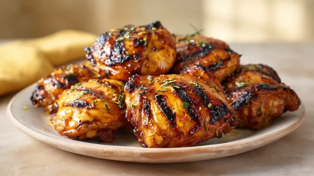 Grilled Chicken Thighs with smoky char marks, crispy skin, and lemon garlic herb finish