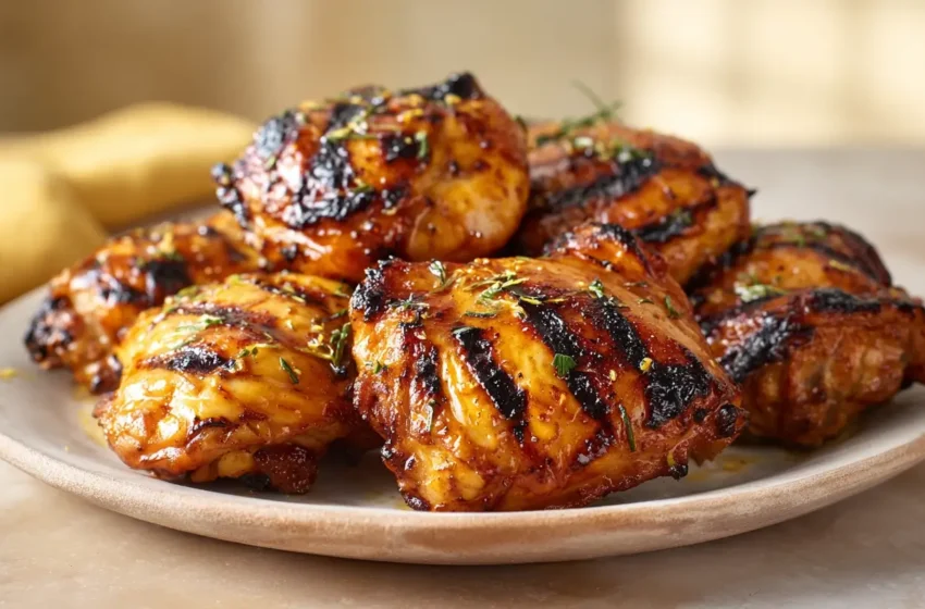 Grilled Chicken Thighs with smoky char marks, crispy skin, and lemon garlic herb finish
