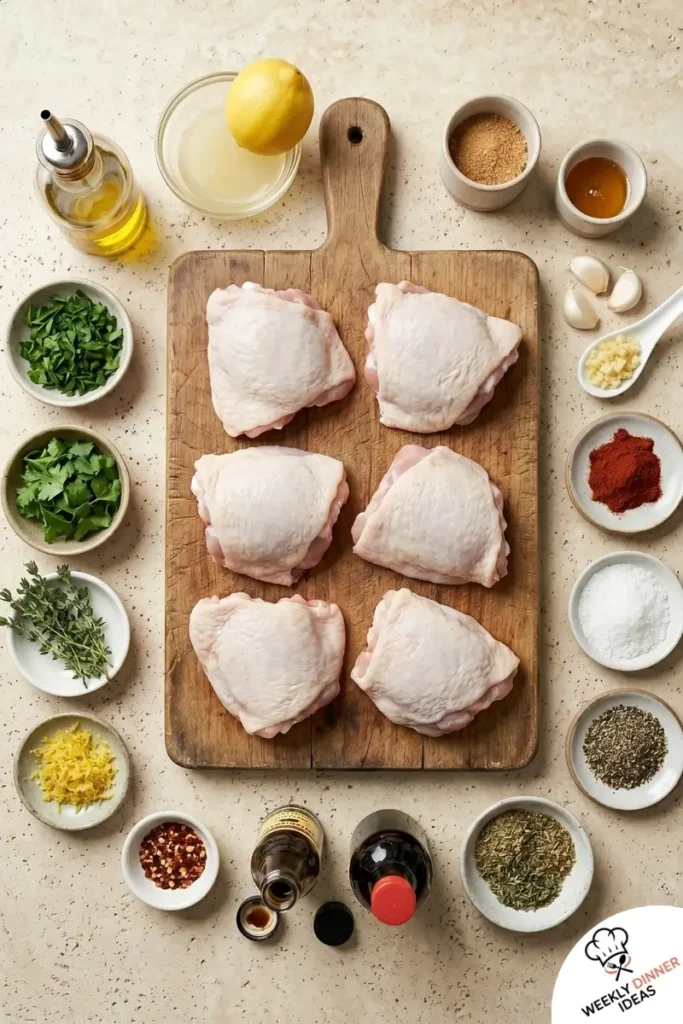 Ingredients for Grilled Chicken Thighs including chicken thighs, olive oil, lemon, garlic, smoked paprika, oregano, and fresh herbs
