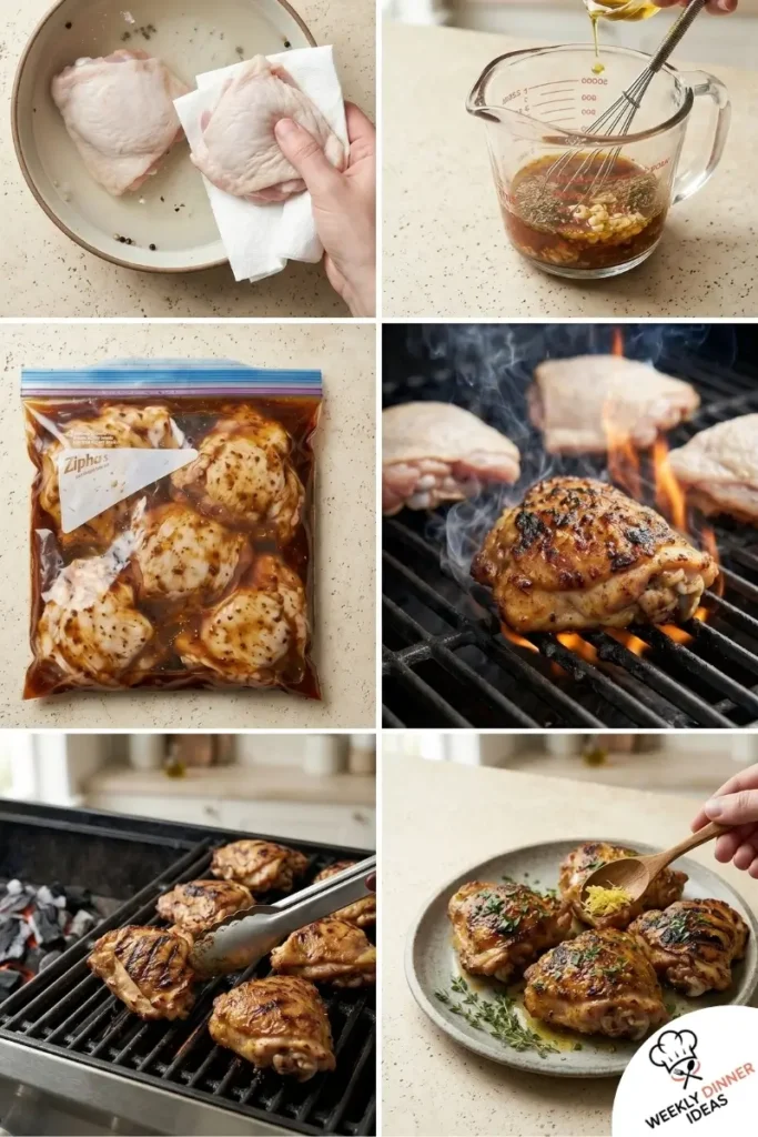 Step-by-step collage showing how to make Grilled Chicken Thighs from brining and marinating to grilling and resting