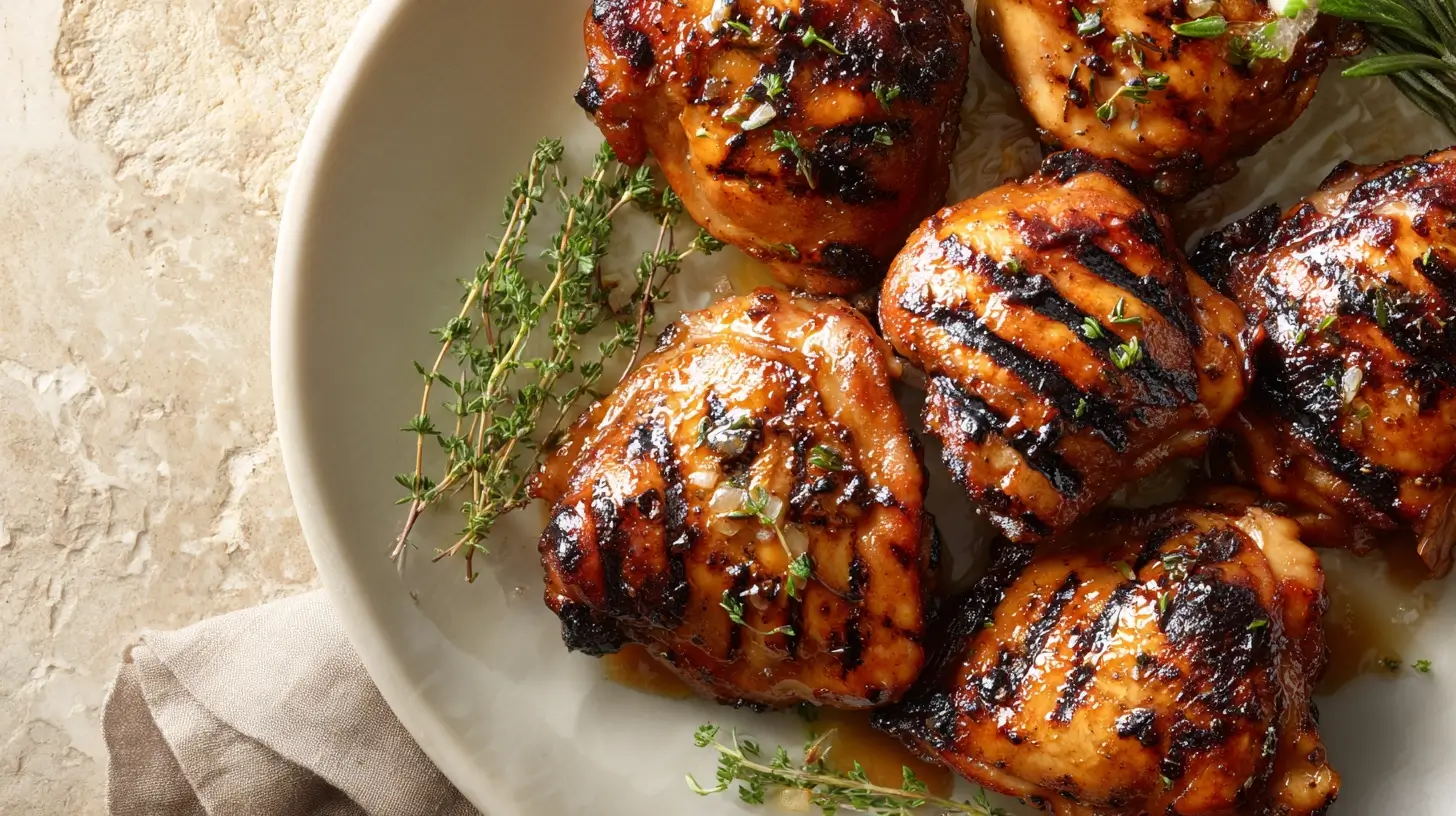 Square recipe image for Grilled Chicken Thighs with charred skin and fresh herb finish