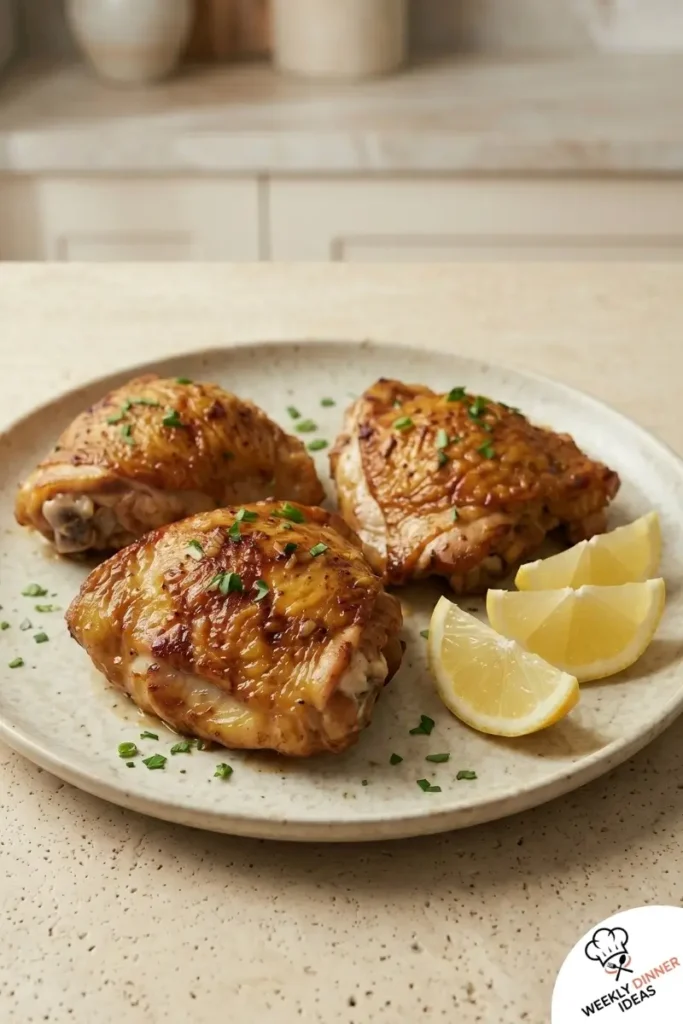Final plated Honey Garlic Chicken Thighs with sticky glaze and caramelized edges