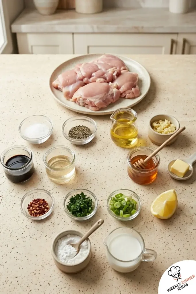 Ingredients for Honey Garlic Chicken Thighs including chicken thighs, honey, garlic, soy sauce, vinegar, cornstarch, parsley, and scallions