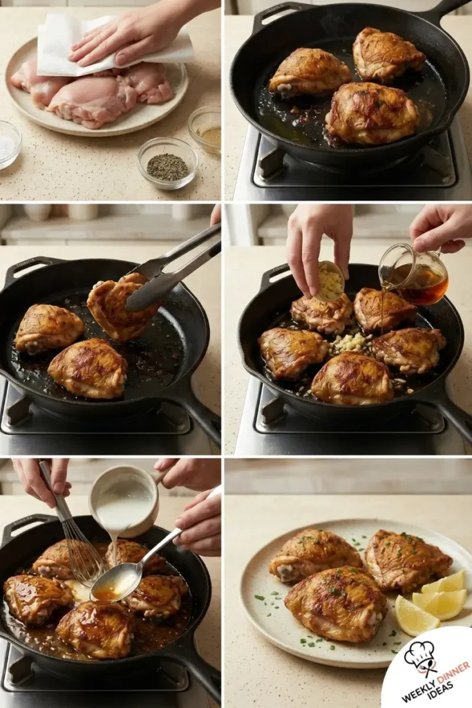 Step-by-step collage showing how to make Honey Garlic Chicken Thighs from searing to glazing and serving