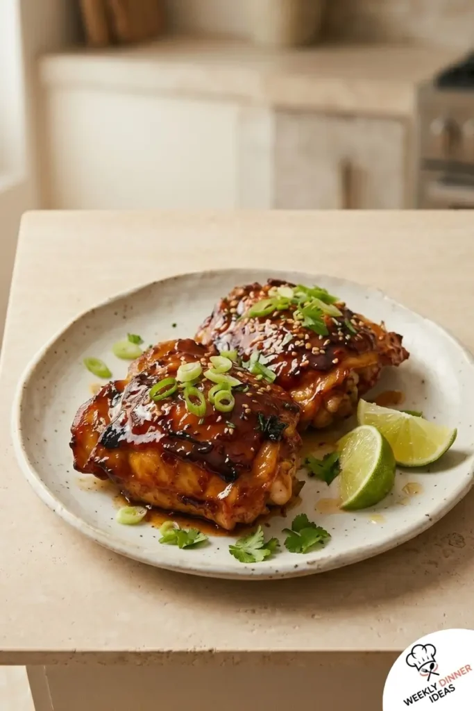 Final plated Peach BBQ Chicken Thighs with sticky peach glaze and caramelized edges