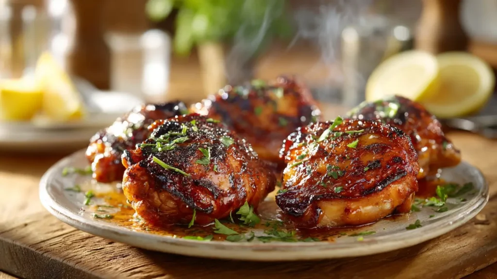 Peach BBQ Chicken Thighs with glossy sticky peach glaze and caramelized edges