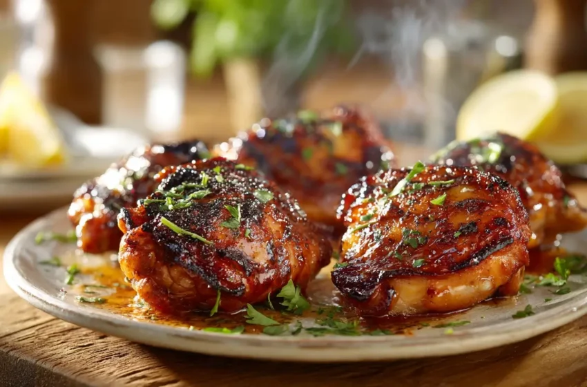 Peach BBQ Chicken Thighs with glossy sticky peach glaze and caramelized edges