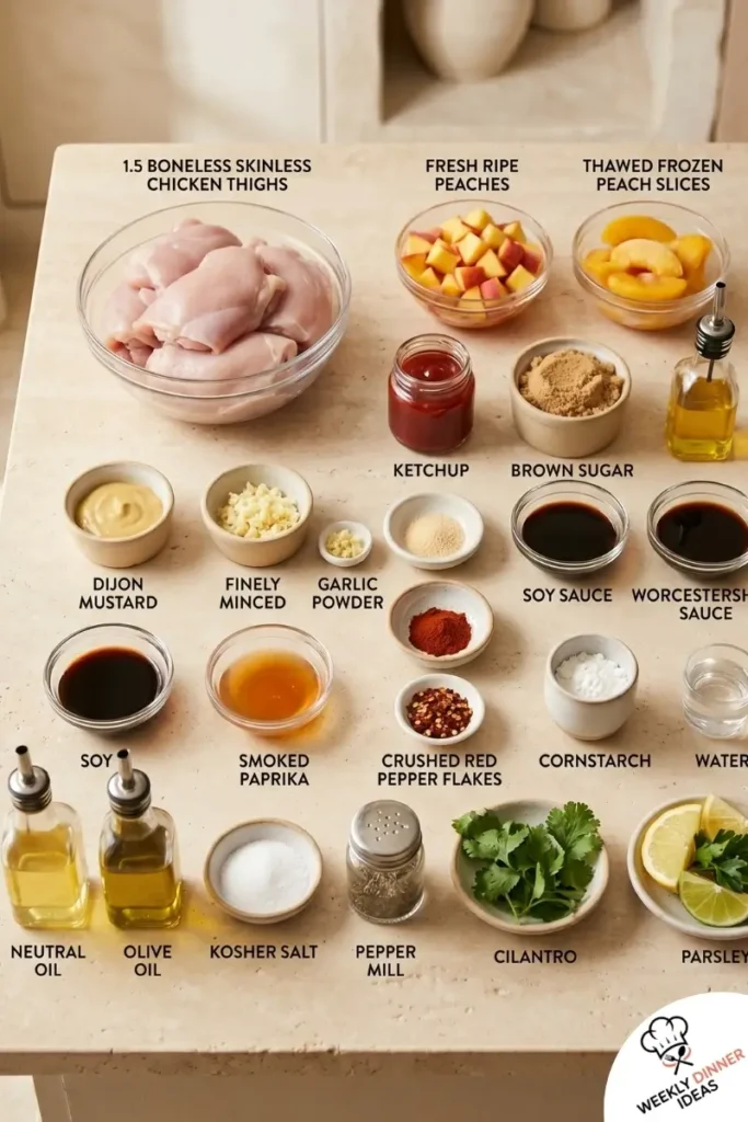Ingredients for Peach BBQ Chicken Thighs including chicken thighs, peaches, ketchup, brown sugar, vinegar, Dijon, garlic, and paprika