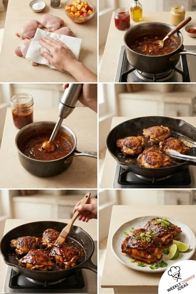 Step-by-step collage showing how to make Peach BBQ Chicken Thighs from making the peach sauce to glazing and serving