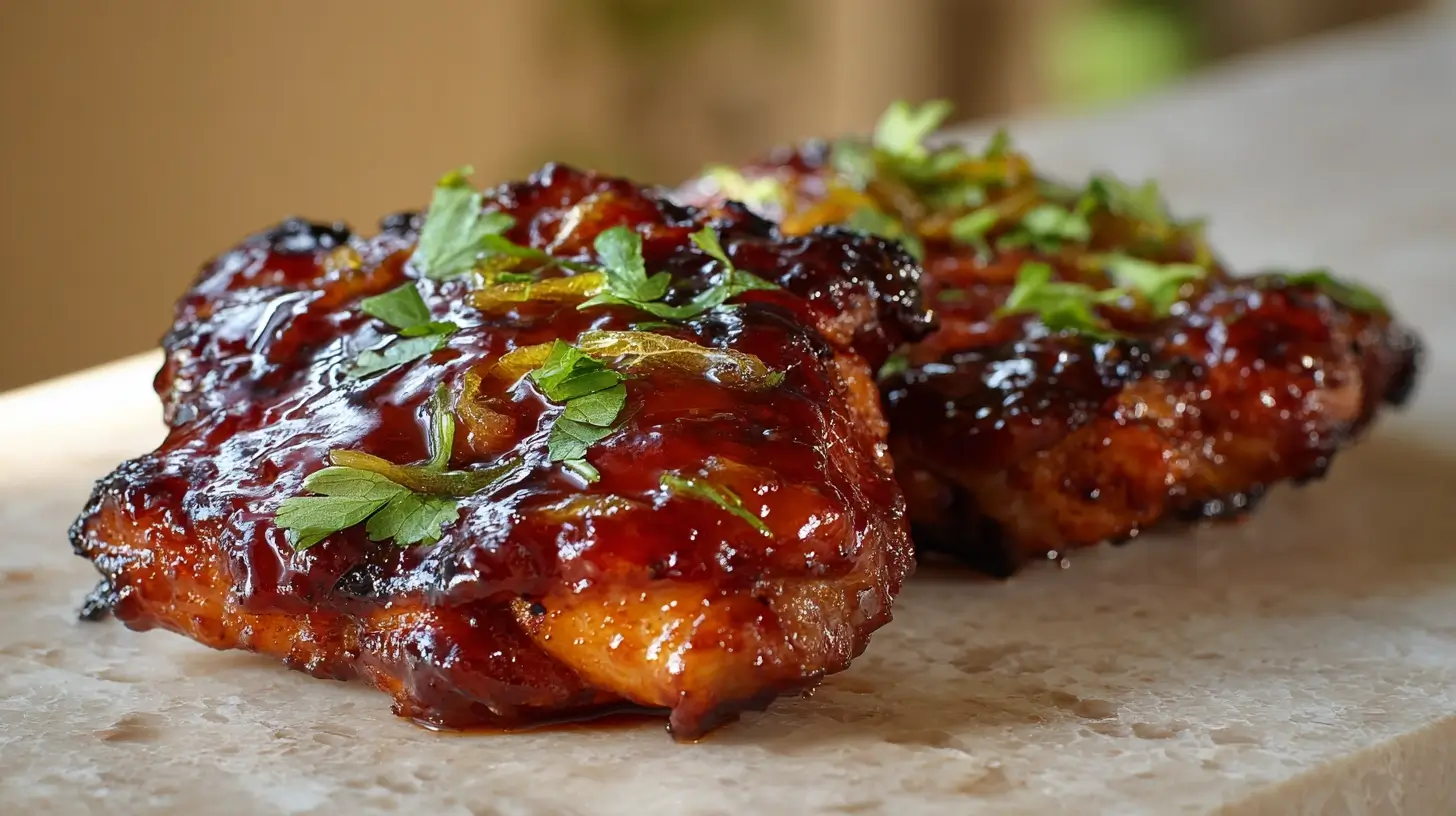 Square recipe image for Peach BBQ Chicken Thighs with glossy sticky peach glaze