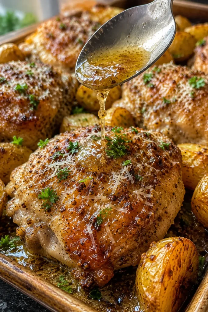 sheet-pan-parmesan-dijon-chicken-thigh-dinner-final Close-up of Sheet Pan Parmesan-Dijon Chicken Thigh Dinner with crispy Parmesan crust and roasted potatoes.