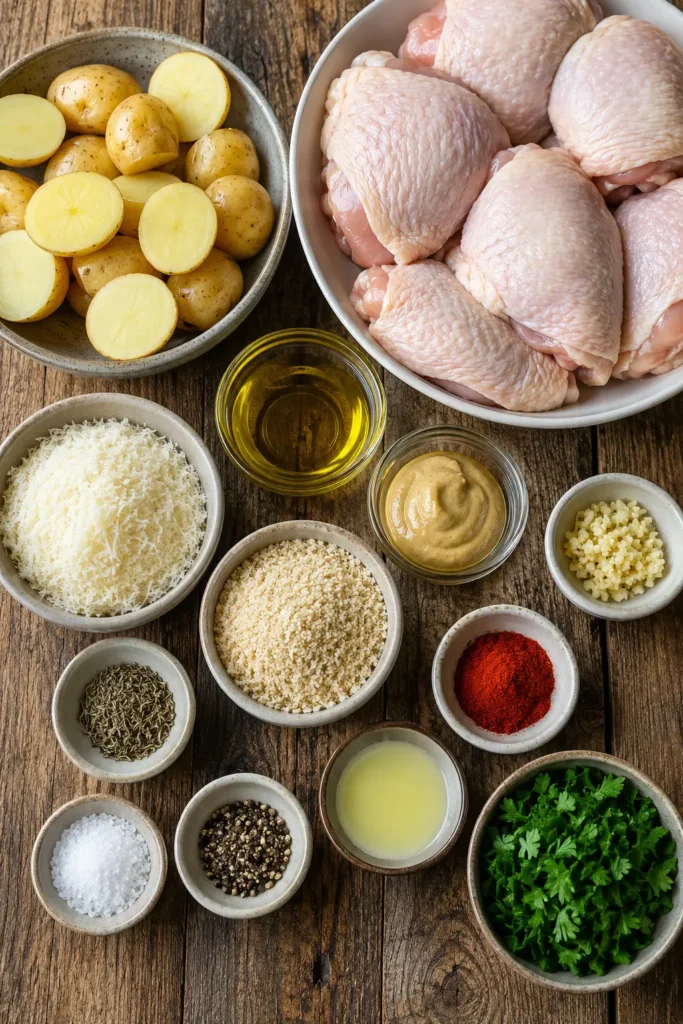 sheet-pan-parmesan-dijon-chicken-thigh-dinner-ingredients Ingredients for Sheet Pan Parmesan-Dijon Chicken Thigh Dinner arranged on a rustic wooden kitchen table.