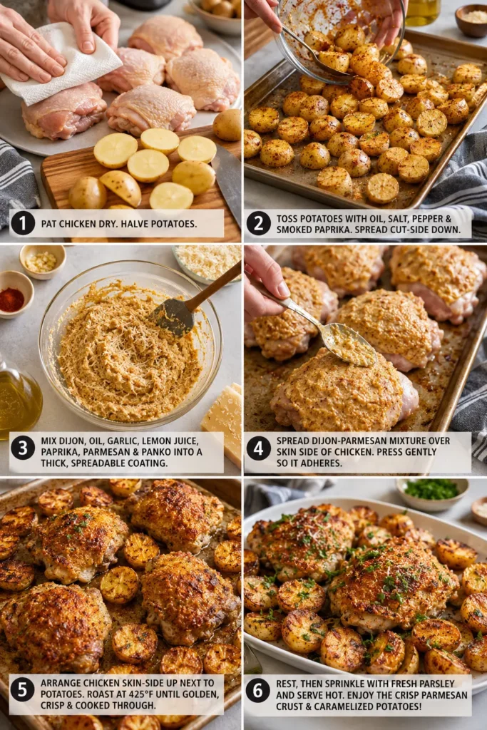 sheet-pan-parmesan-dijon-chicken-thigh-dinner-steps Six-step collage showing how to prepare Sheet Pan Parmesan-Dijon Chicken Thigh Dinner.