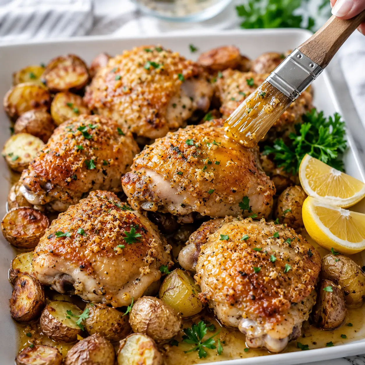 Easy Sheet Pan Parmesan-Dijon Chicken Thigh Dinner in 30 Minutes! 1 Sheet Pan Parmesan-Dijon Chicken Thigh Dinner arranged neatly for recipe card with chicken thighs, roasted potatoes, parsley, and lemon.