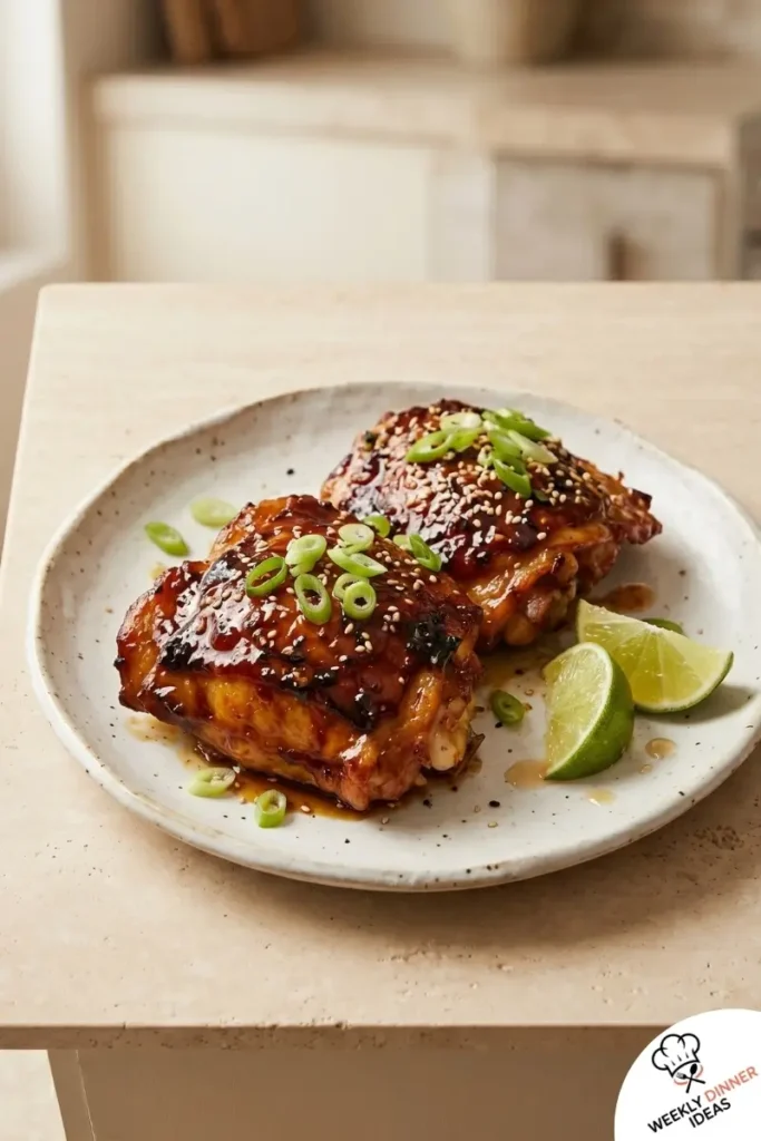 Final plated Sweet Chili Chicken Thighs with sticky glaze, green onions, and sesame seeds