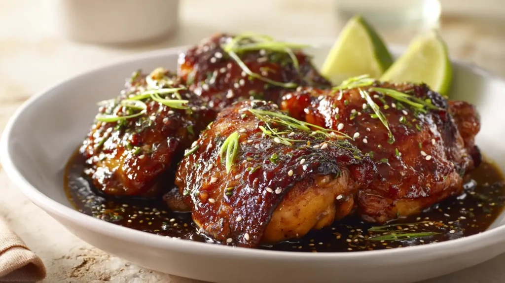 Sweet Chili Chicken Thighs with crispy golden skin and glossy sticky sweet chili glaze