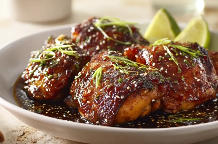 Sweet Chili Chicken Thighs with crispy golden skin and glossy sticky sweet chili glaze