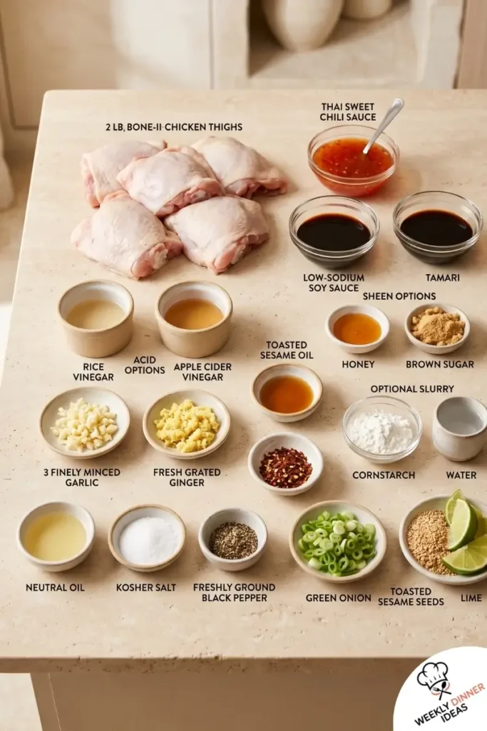 Ingredients for Sweet Chili Chicken Thighs including chicken thighs, sweet chili sauce, soy sauce, garlic, ginger, green onions, sesame seeds, and lime