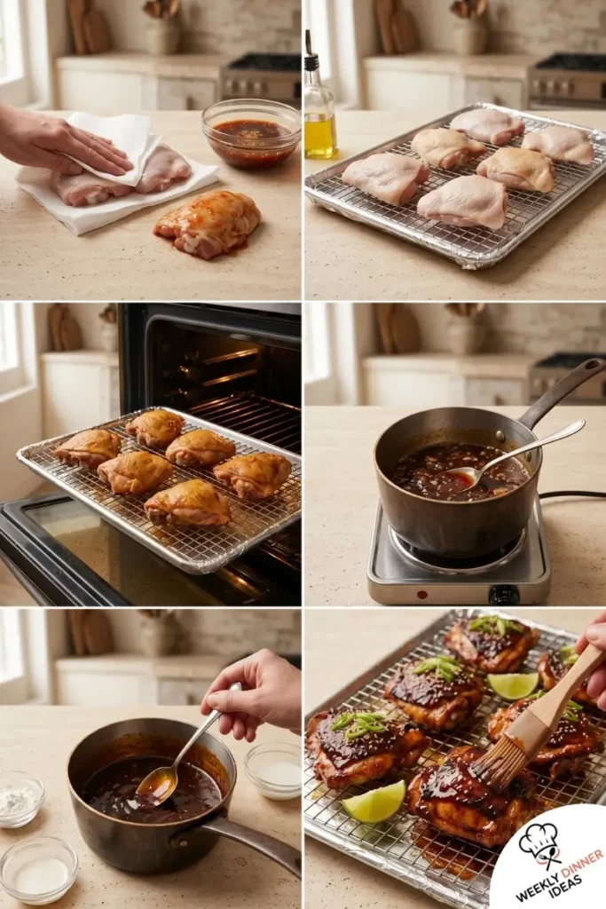 Step-by-step collage showing how to make Sweet Chili Chicken Thighs from seasoning and roasting to glazing and broiling