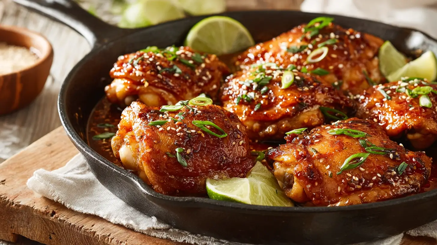 Square recipe image for Sweet Chili Chicken Thighs with glossy glaze and crispy skin