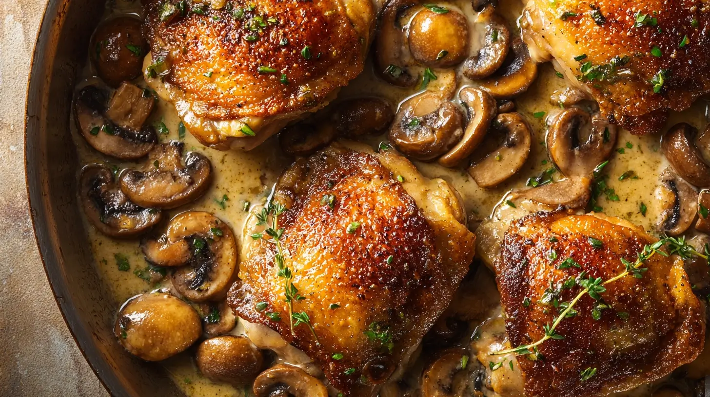Square recipe image for Garlic Mushroom Chicken Thighs with mushrooms and silky garlic sauce