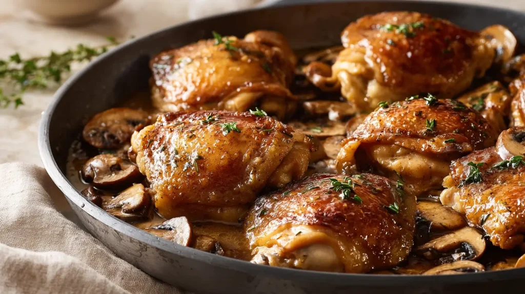 Garlic Mushroom Chicken Thighs with crispy golden skin and silky mushroom garlic sauce