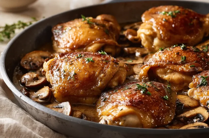 Garlic Mushroom Chicken Thighs with crispy golden skin and silky mushroom garlic sauce