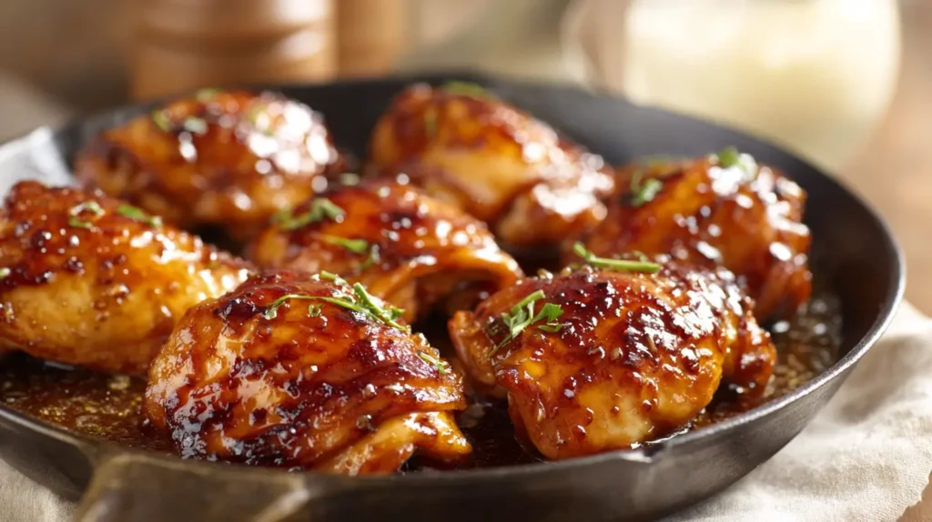 Honey Garlic Chicken Thighs with glossy sticky glaze and caramelized seared edges
