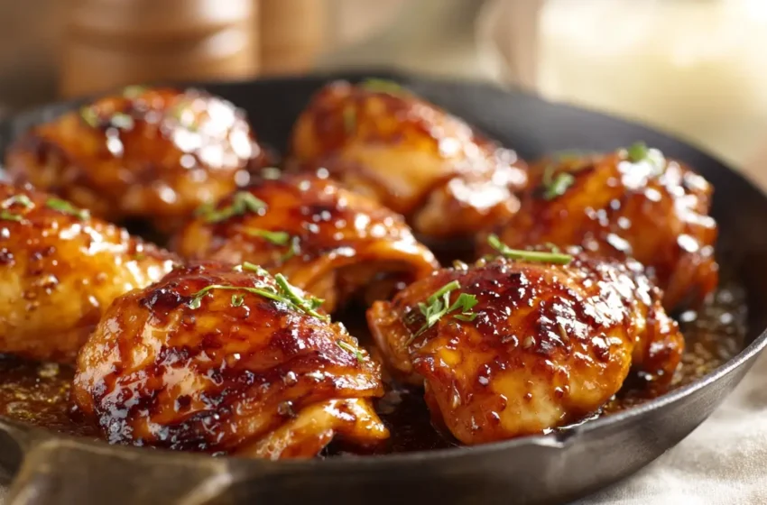 Honey Garlic Chicken Thighs with glossy sticky glaze and caramelized seared edges