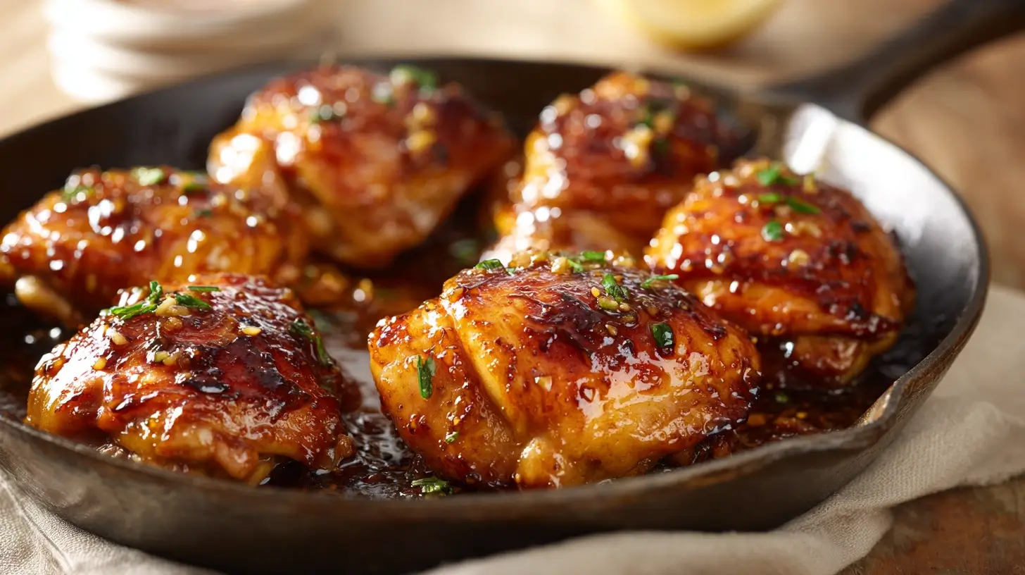 Square recipe image for Honey Garlic Chicken Thighs with glossy sticky glaze