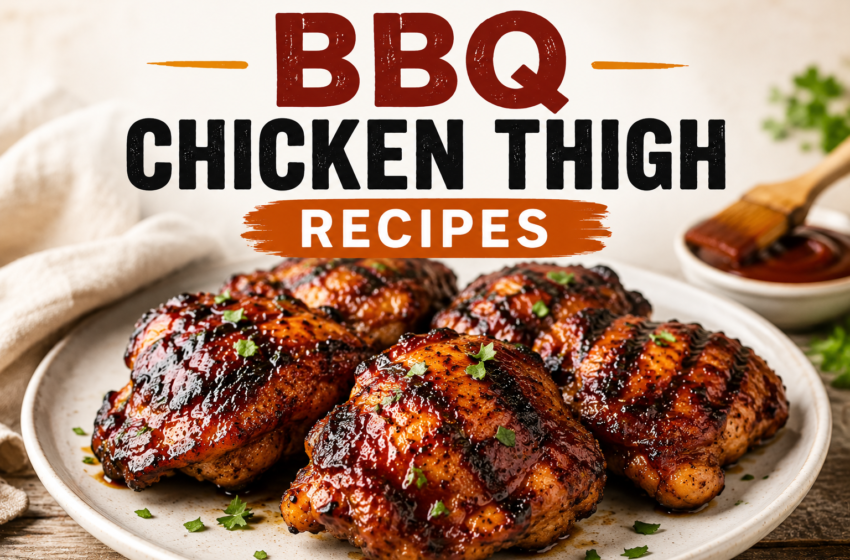 BBQ chicken thighs with glossy barbecue glaze, golden charred edges, fresh parsley garnish, and the title BBQ Chicken Thigh Recipes at the top.