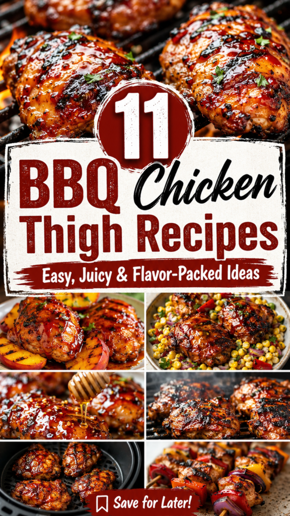 BBQ chicken thigh recipes Pinterest pin featuring 11 easy, juicy, flavor-packed ideas with glossy grilled chicken thighs, peach BBQ glaze, corn salad, honey drizzle, smoky grilled chicken, air fryer chicken thighs, and chicken kabobs.