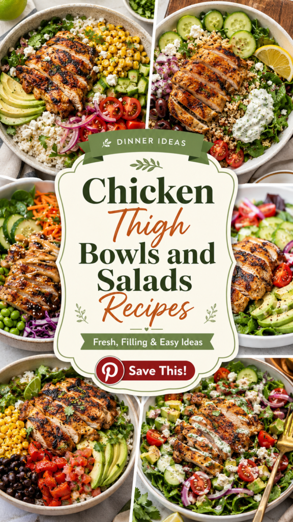Chicken Thigh Bowls and Salads Chicken Thigh Bowls and Salads Recipes Pinterest pin featuring colorful grilled chicken bowls and fresh salad recipes with avocado, cucumber, tomatoes, corn, greens, and easy healthy dinner ideas.