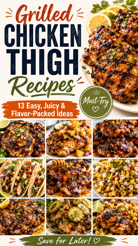 Grilled Chicken Thigh Recipes Grilled chicken thigh recipes Pinterest pin featuring juicy char-grilled chicken thighs, tacos, corn salad, peach salsa, honey glaze, and bold text for easy summer dinner ideas.