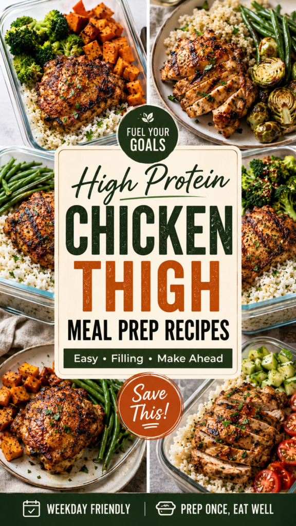 High Protein Chicken Thigh Meal Prep High Protein Chicken Thigh Meal Prep Recipes Pinterest pin featuring juicy grilled chicken thighs in meal prep bowls with rice, broccoli, green beans, sweet potatoes, and healthy make-ahead dinner ideas.