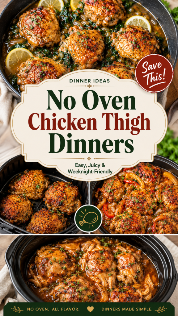 No Oven Chicken Thigh Dinners No Oven Chicken Thigh Dinners Pinterest pin featuring juicy skillet, air fryer, and slow cooker chicken thigh recipes with golden crispy chicken, fresh herbs, and easy weeknight dinner inspiration.
