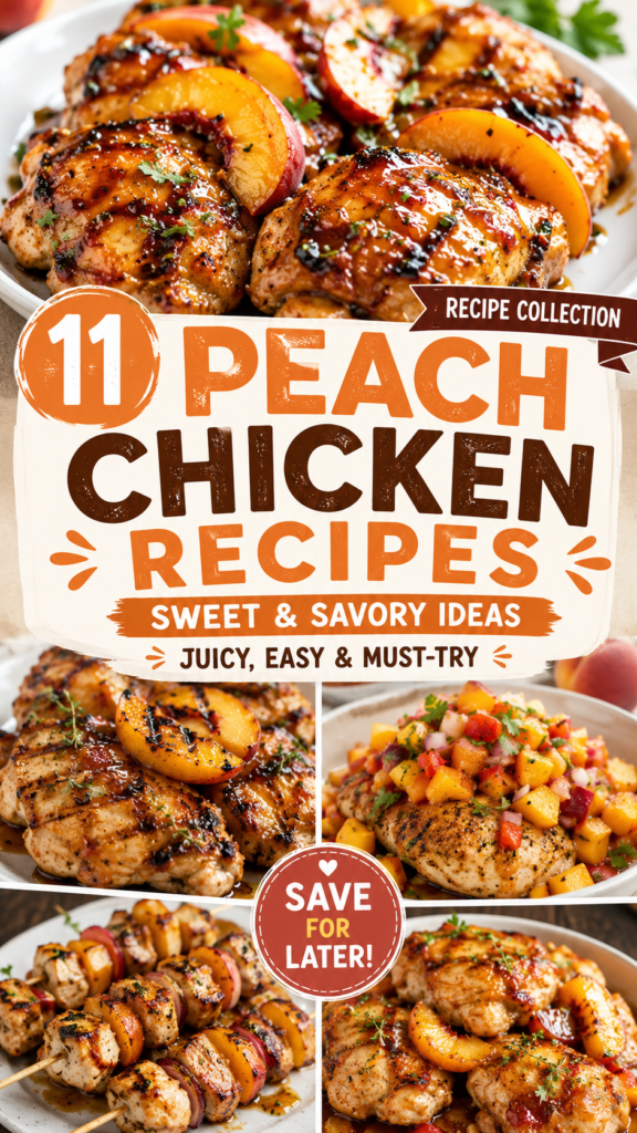 Peach Chicken Recipes Peach chicken recipes Pinterest pin featuring 11 sweet and savory chicken recipe ideas with glossy peach-glazed chicken, grilled peach chicken, peach salsa chicken, and chicken kabobs.