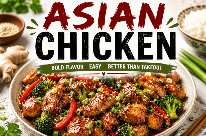 Asian chicken with glossy sauce, broccoli, red bell peppers, sesame seeds, green onion garnish, rice bowl, and the title Asian Chicken at the top.