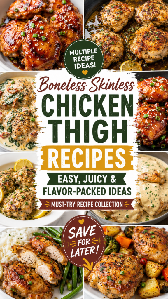 boneless skinless chicken thigh recipes Pinterest pin for boneless skinless chicken thigh recipes featuring a collection of juicy chicken thigh meals, including creamy skillet chicken, glazed chicken thighs, baked chicken thighs, and easy dinner ideas.