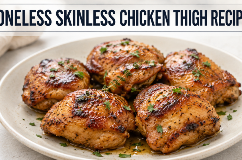 Boneless skinless chicken thighs with golden-brown seared edges, fresh herb garnish, and the title Boneless Skinless Chicken Thigh Recipes at the top.