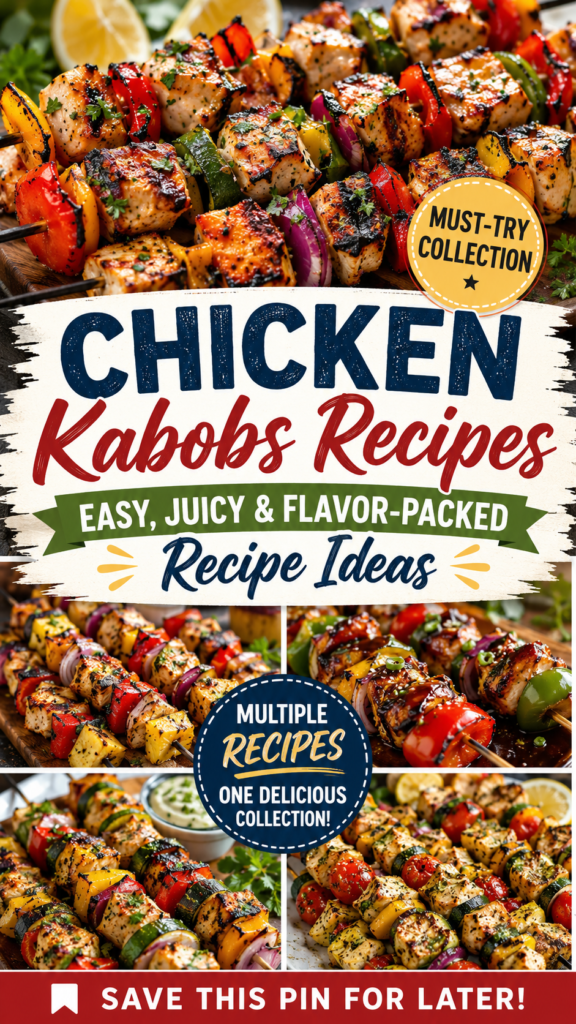 chicken kabobs Pinterest pin for Chicken Kabobs Recipes featuring a colorful collection of grilled chicken kabobs with peppers, onions, and zucchini, styled as a multiple-recipe roundup.