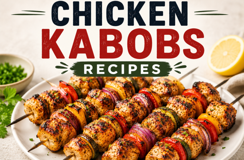 Grilled chicken kabobs with colorful peppers, zucchini, red onion, fresh parsley garnish, and the title Chicken Kabobs Recipes at the top.