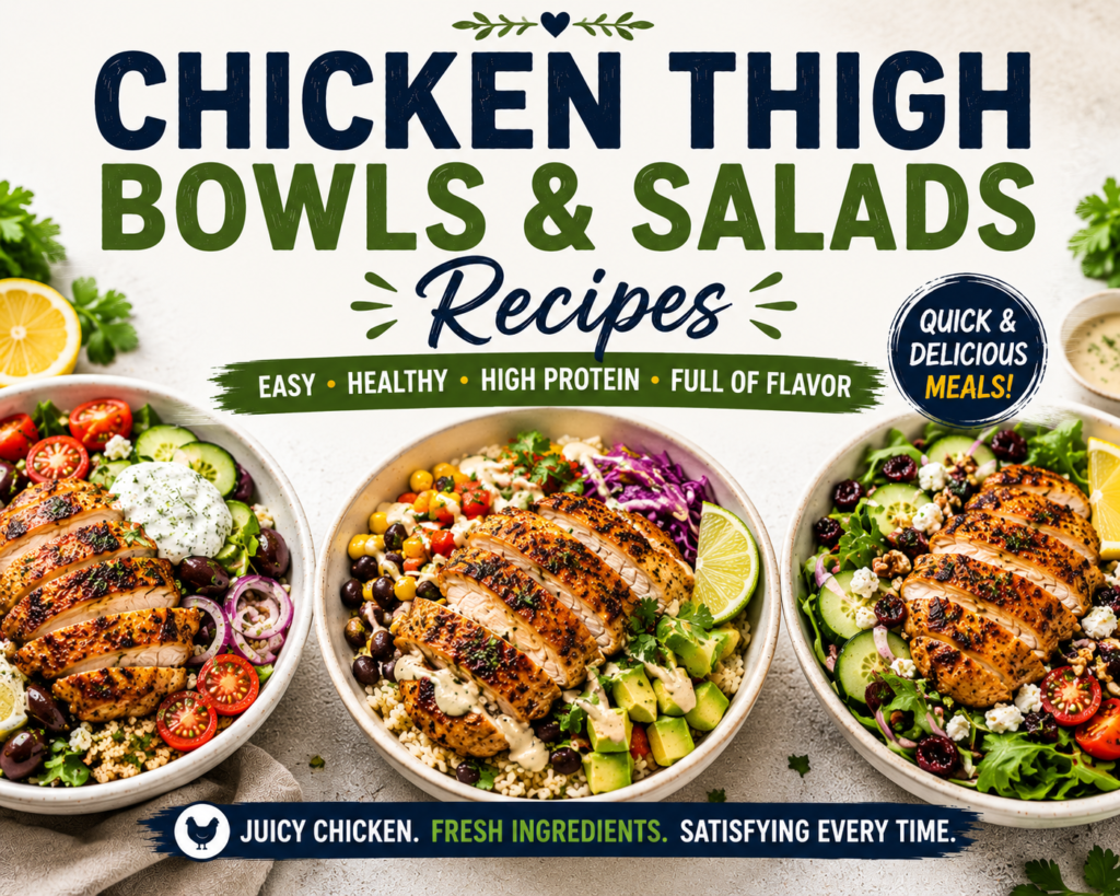 Chicken thigh bowls and salads with sliced grilled chicken, fresh vegetables, avocado, tomatoes, cucumbers, feta cheese, leafy greens, and bold title text at the top.