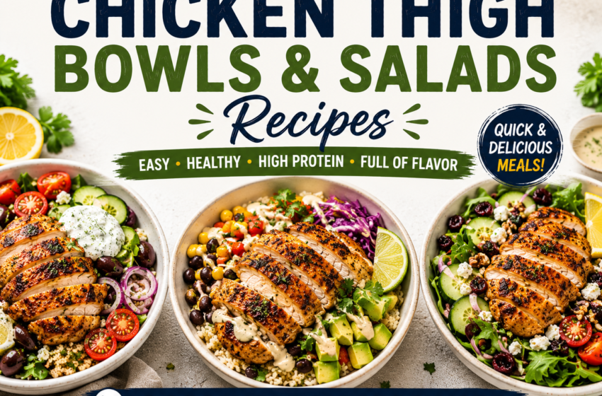 Chicken thigh bowls and salads with sliced grilled chicken, fresh vegetables, avocado, tomatoes, cucumbers, feta cheese, leafy greens, and bold title text at the top.