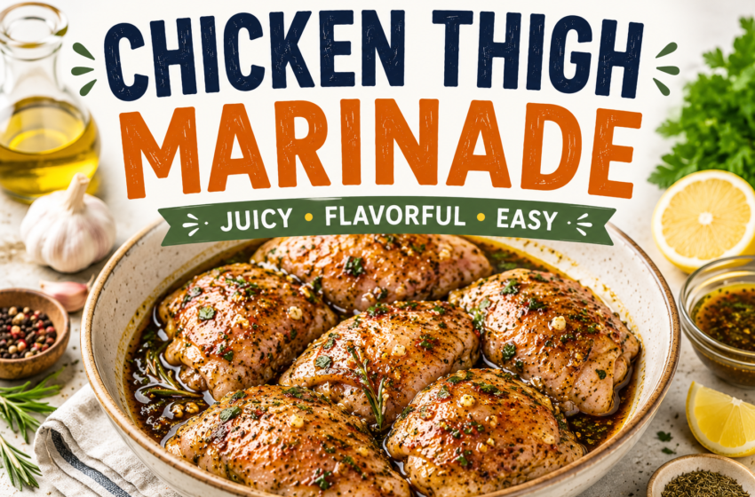 Chicken thighs soaking in marinade with herbs, garlic, lemon, olive oil, and the title Chicken Thigh Marinade at the top.