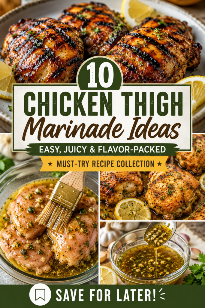 Chicken thigh marinade ideas Pinterest pin featuring 10 easy marinade recipes with grilled chicken thighs, lemon garlic marinade, herb oil sauce, raw chicken being brushed with marinade, and juicy cooked chicken.