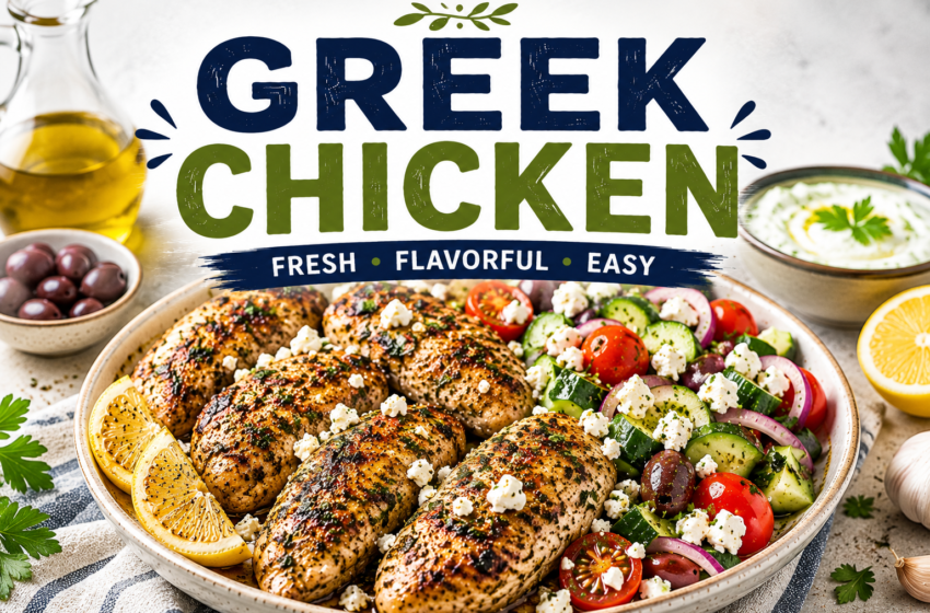 Greek chicken with grilled chicken, lemon wedges, cucumber tomato salad, olives, feta cheese, tzatziki sauce, and the title Greek Chicken at the top.