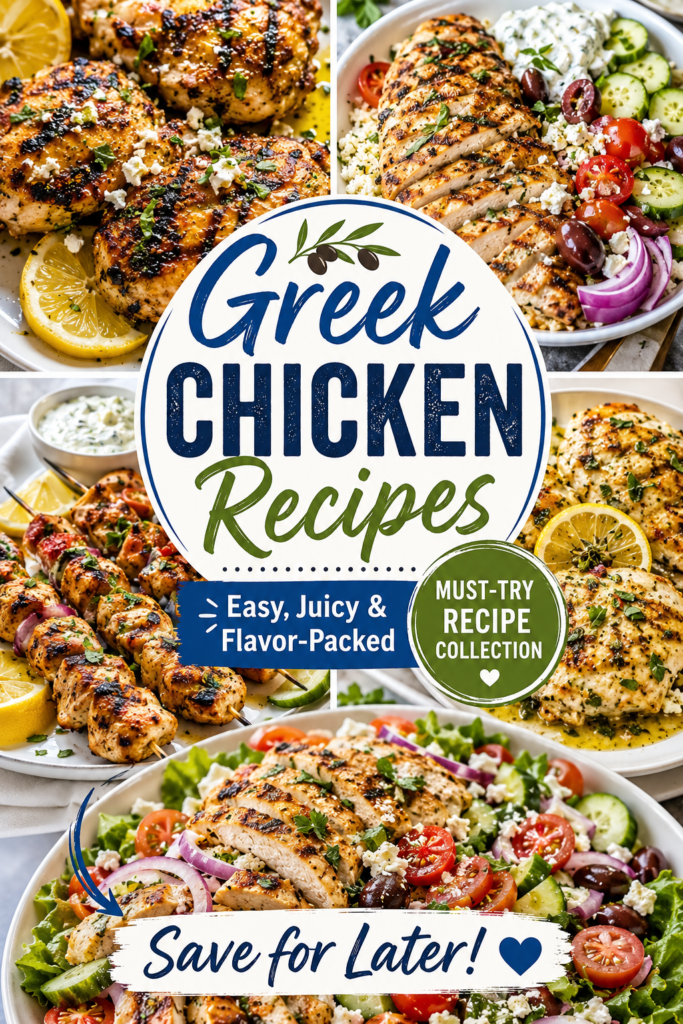 greek chicken recipes Greek chicken recipes Pinterest pin featuring a realistic recipe collection with grilled Greek chicken, lemon herb chicken thighs, chicken kabobs, Greek salad bowls, feta cheese, olives, cucumbers, tomatoes, and tzatziki sauce.