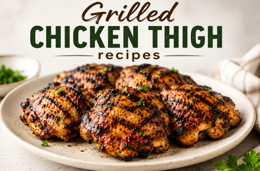 Grilled chicken thighs served on a white plate with golden charred edges, fresh parsley garnish, and the title Grilled Chicken Thigh Recipes at the top.