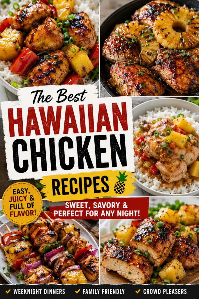 Hawaiian chicken recipes Pinterest pin featuring a realistic recipe collection with glossy pineapple chicken, grilled Hawaiian chicken kabobs, chicken over rice, sweet savory sauce, and tropical pineapple flavors.